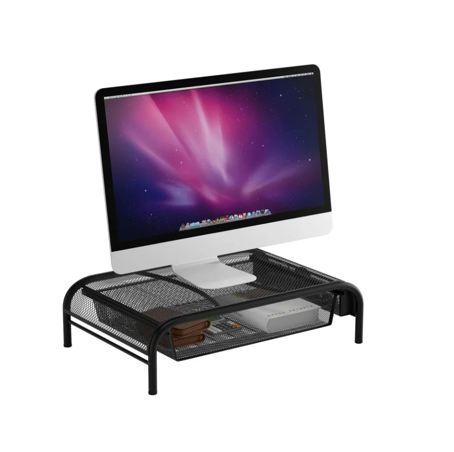 Monitor Stand Metal Mesh Printer Stand Holder with Pull Out Storage Drawer and Side Compartments Pockets for Laptop/iMac