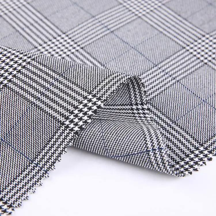 TRSP 210gsm woven 98 polyester 2 spandex stretch classics light grey tartan plaid fabric for dress or pants mens suiting