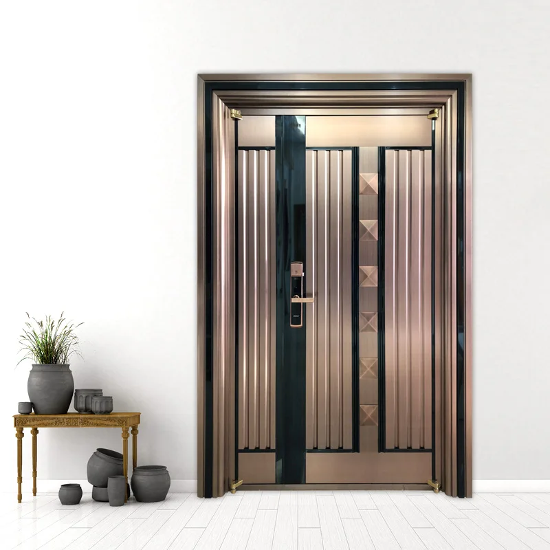 Metal stripe design 304 stainless steel villa extravagant main door residential entry security doors designs main double door