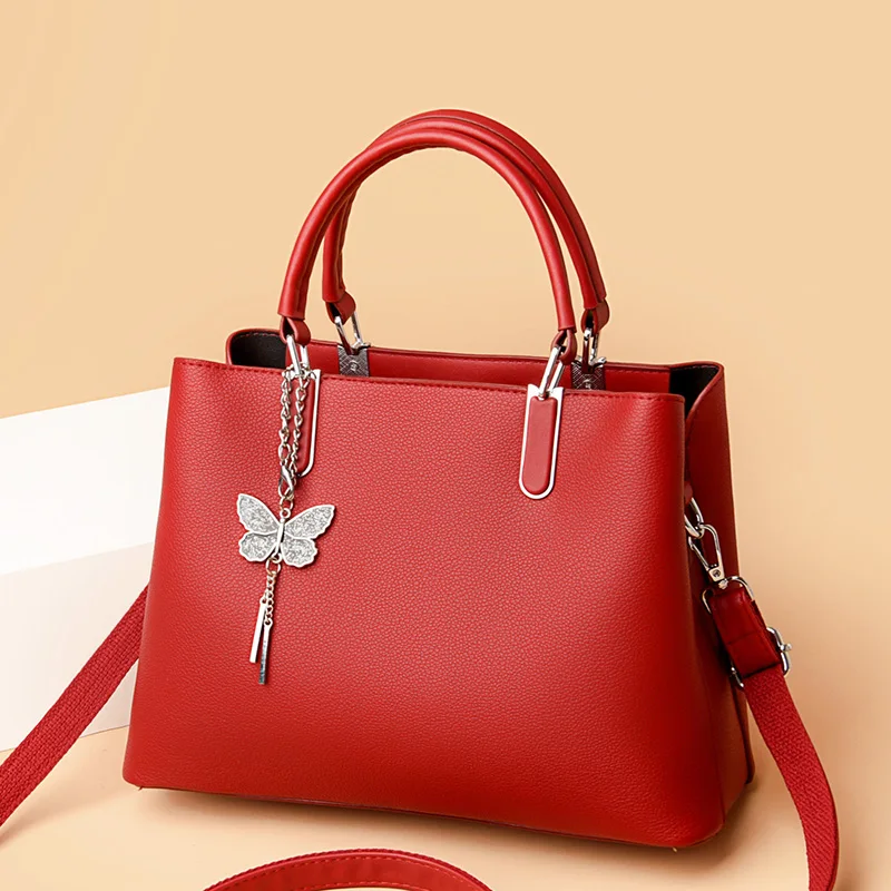 2023 Hot Sell Classic Elegant Style Plain Butterfly Decoration Embossed Litchi PU Leather Tote Shoulder Bag Handbags