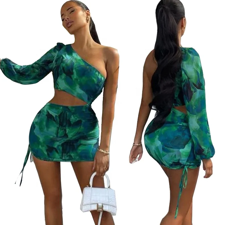 Women Designer Clothes Stretchy One-Shoulder Single Sleeve Hollow Out Drawstring Dress Sexy Club Birthday Party Bodycon Dresses