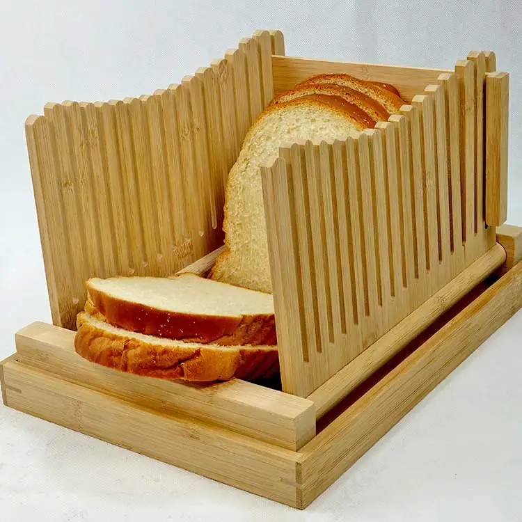 Eco - friendly Bamboo wood foldable Bread Slicer And Removable Bread Cutting Board with crumbs tray