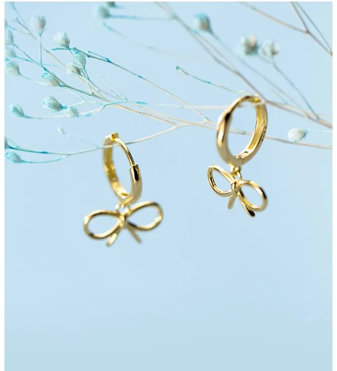Trendy Korean Sterling Silver Gold Plated Bowknot Design Ribbon Bow Hoop Earrings for girl
