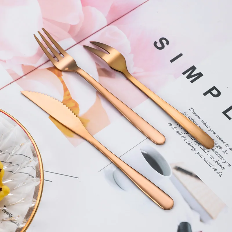 3 PCS Stainless Steel Gold Plating Fruit Dessert Tableware Set 2 Prong 3-Prong Fork and Knife