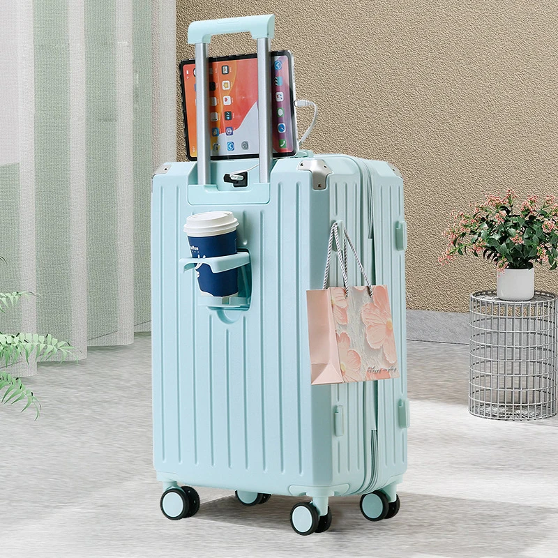 Multifunctional suit case with USB charging and cup holder carry on luggage Trolley Suitcase water proof smart luggage