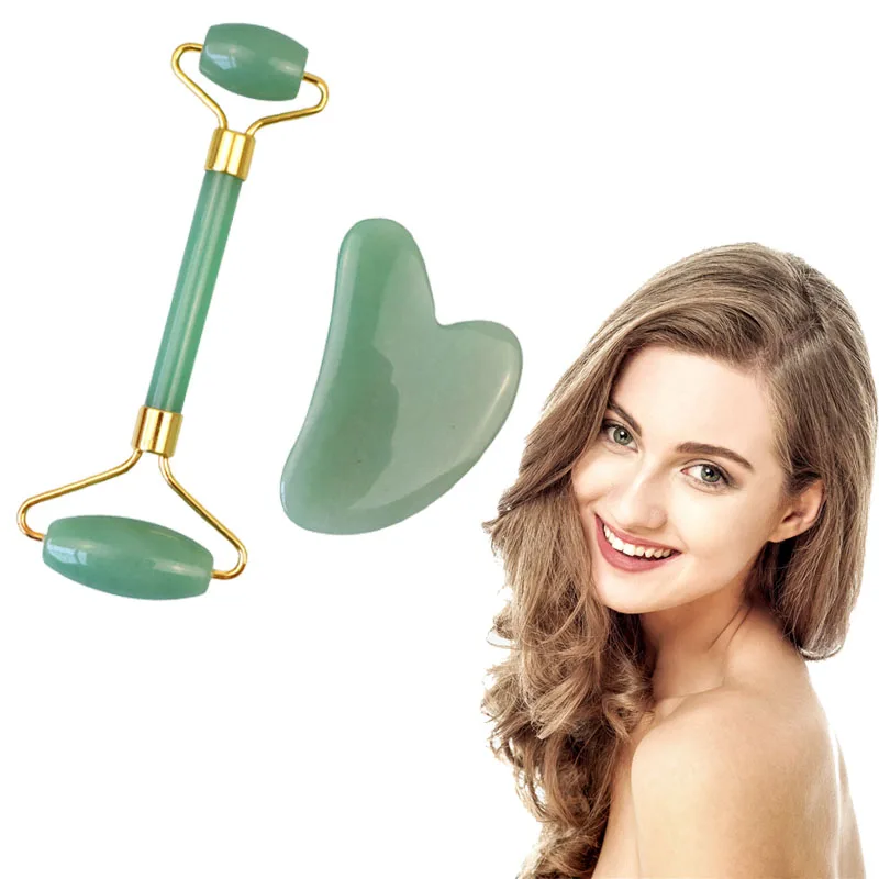 
AH Wholesale Aventurine Body Massage Facial Guasha Jade Stone Roller Guasha Gift Set 