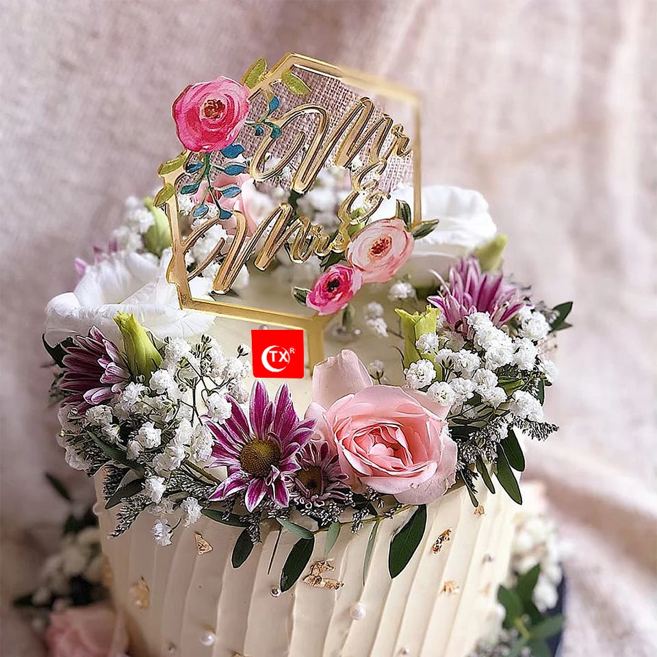 
TX Personalized 3d Art Painting Mr & Mrs Wedding acrylic cake topper gold mirror for Bride and Groom Wedding silhouette 