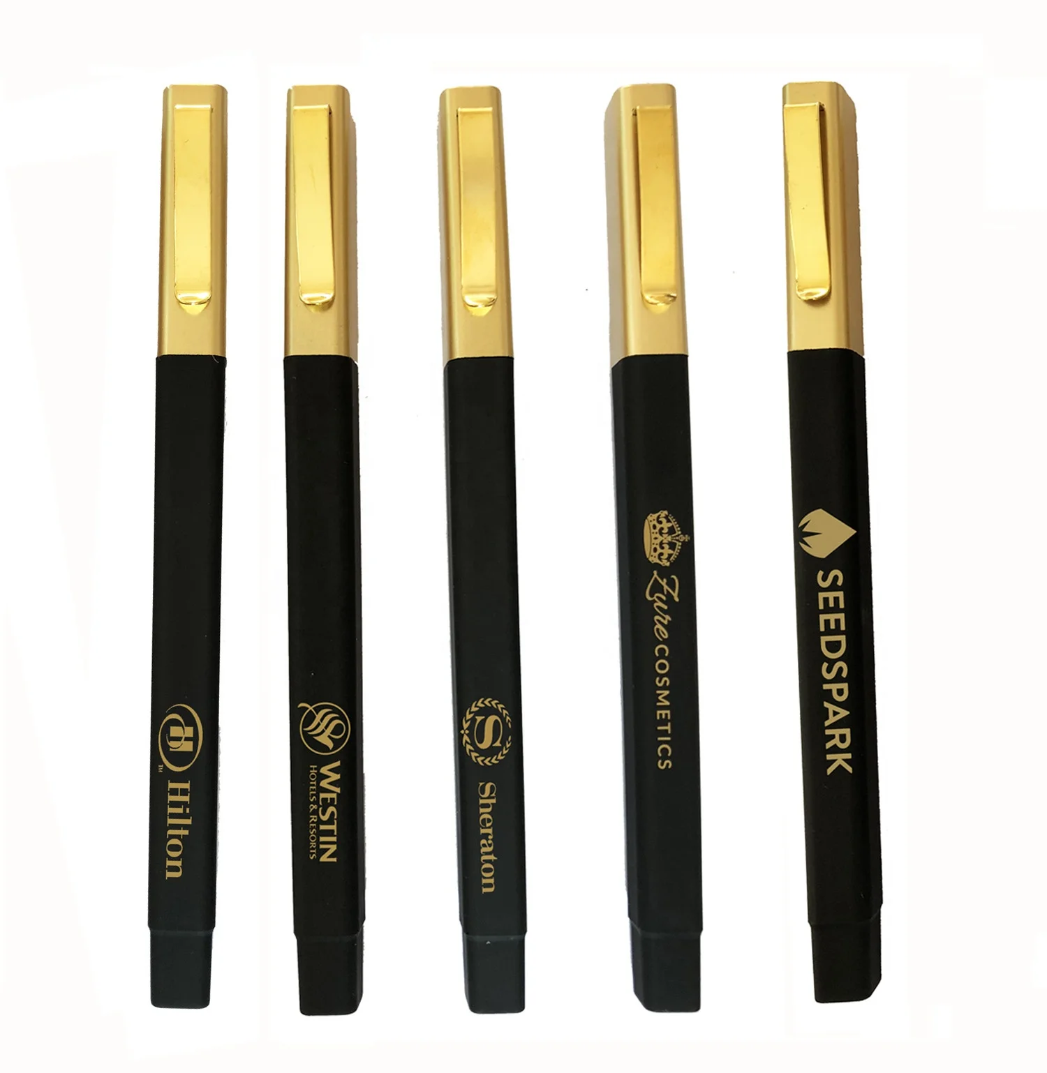 pen manufacturer promotional printed customize logo hotel Rubber coated metal clip golden black square pens for promotion
