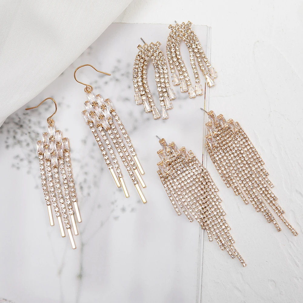Manufacturer Jewelry Crystal Rhinestone Tassel Fringe Small Gold Elegant Zircon Stone Earrings Gold Plate Women 2022 Trendy