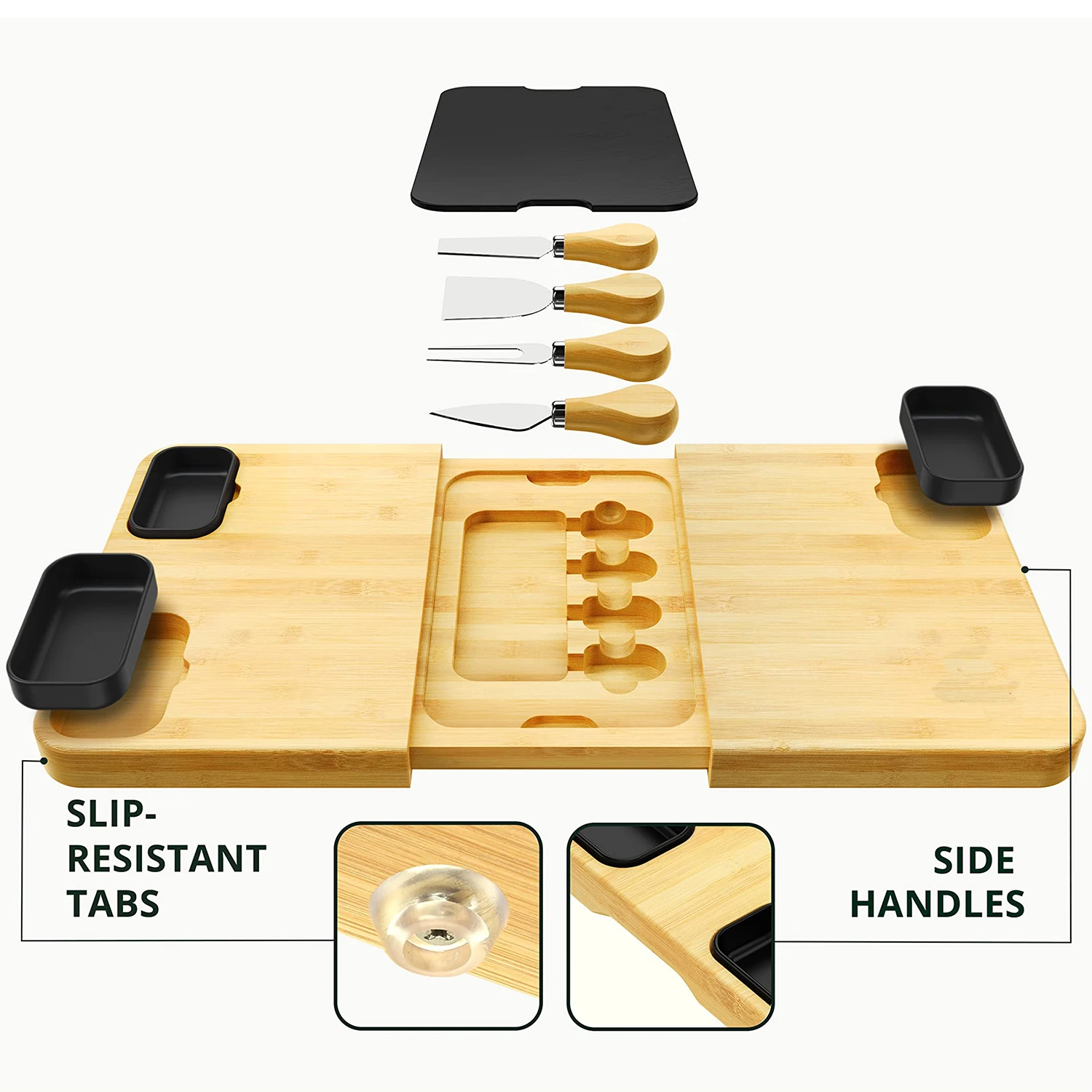 Hot Selling Bamboo Charcuterie Boards Set with 3 Sauce Bowls and 4 Knives and Slate Plate Unique Cheese Board Serving Tray