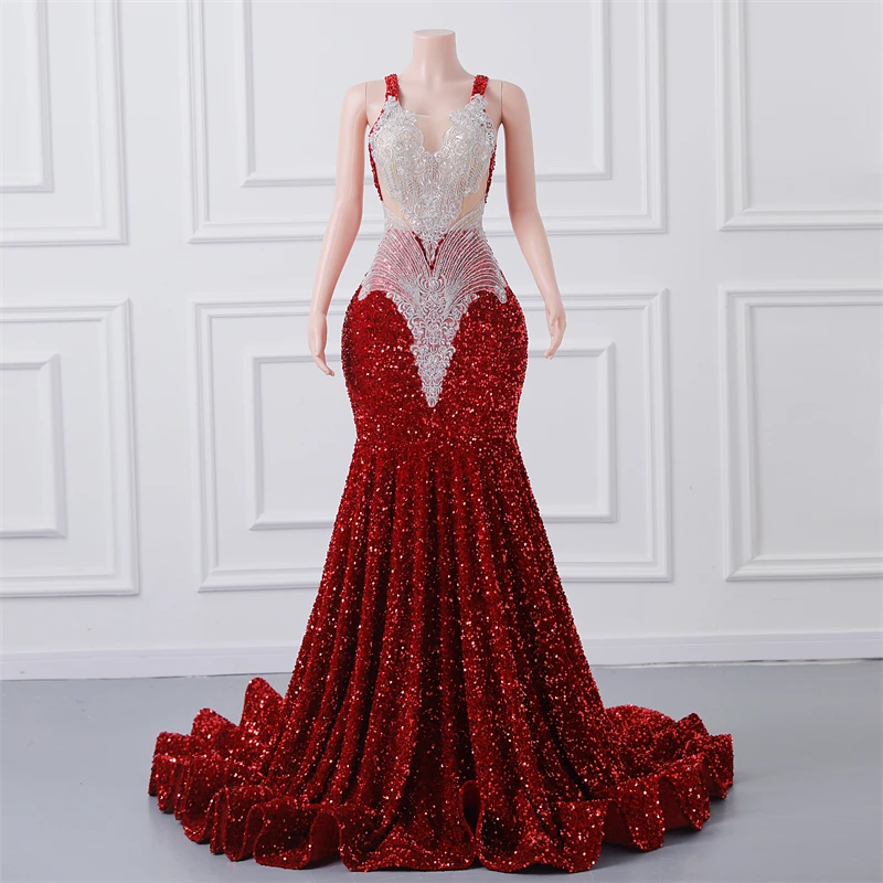 Hot Selling Hand Made Rhinestone Red Prom Party Dresses 2024 Ball Gown Backless Low Cut Prom Dress For Black Girls Floor-length