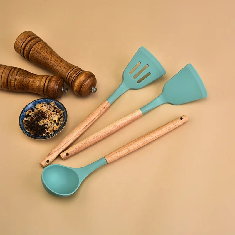 Multi-Functional 12Pcs Silicone Kitchen Utensils Set Wooden Handle Cooking Utensil Spatula Set