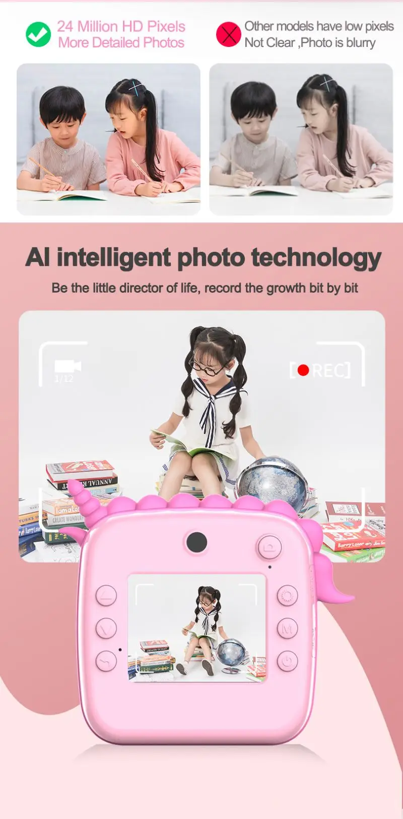 2.4inch HD Display Dual Cameras Instant Shooting and Printing Children Camera  24Million Pixels A20 Photo Printing Video Camera