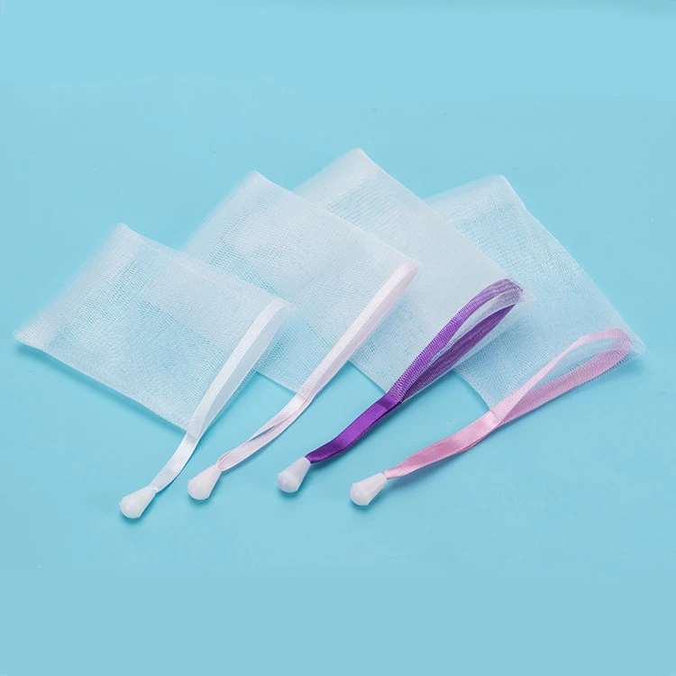 Custom Logo Ribbon Clean Bubble Net Bath Sponge Color Mesh Soap Bag Soap Mesh Foaming Net Pull Rope Soap Net