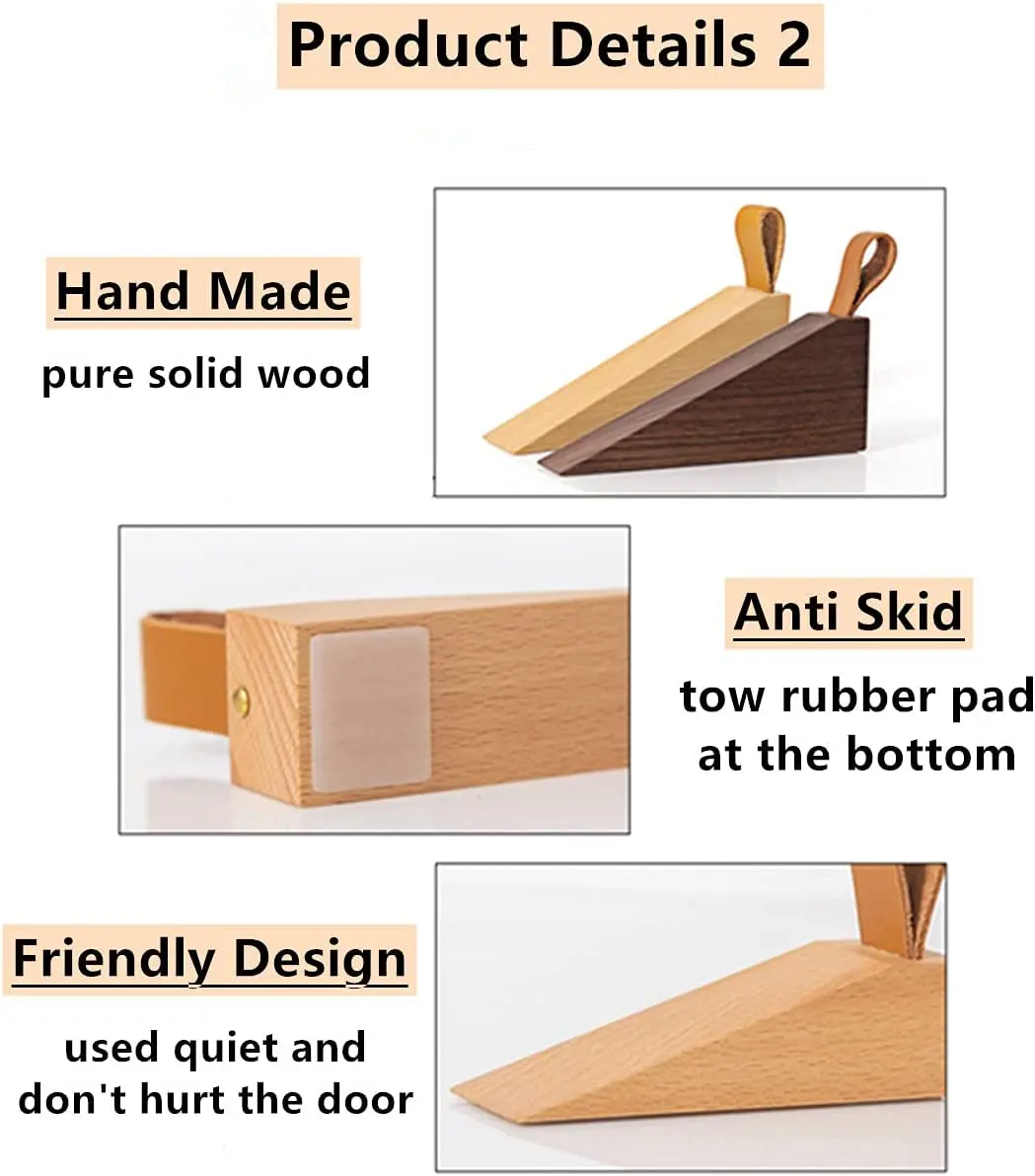 PUSELIFE Soild Non-Slip Wood Doorstop Wedge with Leather Band for Hanging Wooden Door Stop