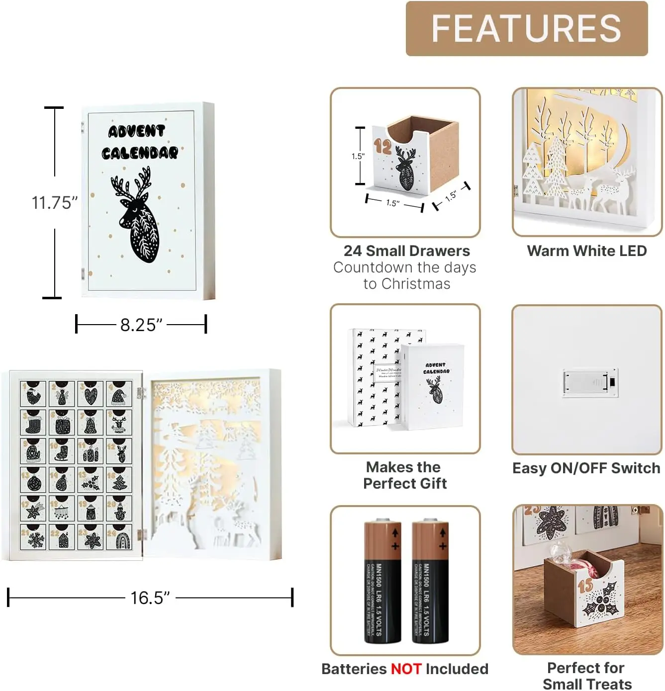 Wooden Advent Calendar with Drawers Reusable Advent Calendar with Lights Decorative Fold Out Wood Advent Calendar for Kids
