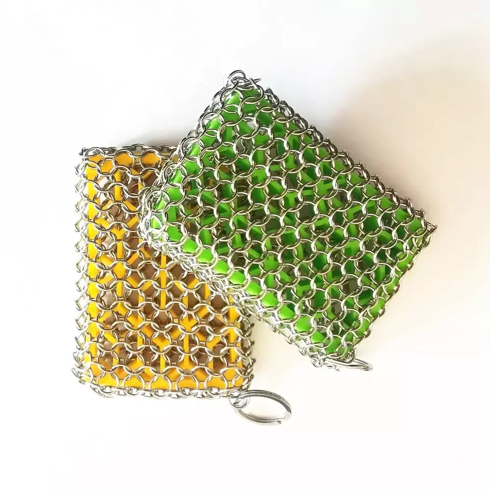 Stainless Steel Kitchen Tool Cleaning Cast Iron with Chain Mail Scrubber With Hollow Silicone Rubber Pad