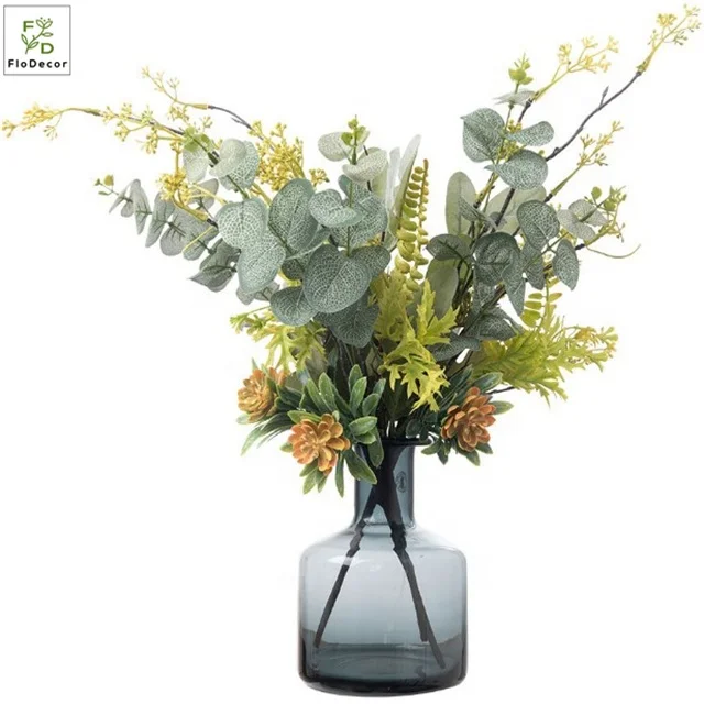 Wholesale Hot Sale Artificial Herbal Leaves Stem Branch Plastic Leaves Green Foliage For Flower Arranging Frosted