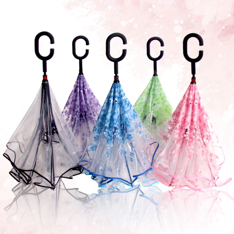 Outdoor Transparent Folding Flower Pattern Japanese Plastic Transparent Foldable Reverse Umbrella