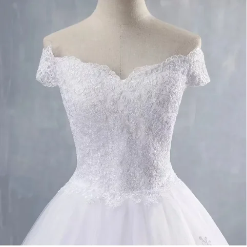 Simple White Lace Wedding Dress One line Shoulder Bridal Dress Temperament Mid-waist Lace-up Wedding Dress