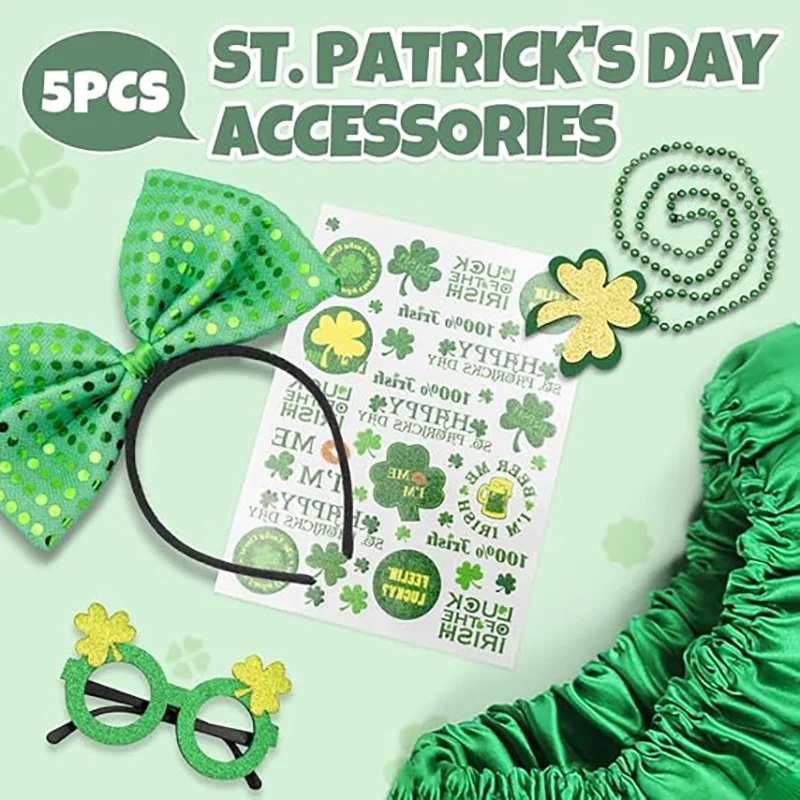 New Irish Shamrock Tulle Skirt St. Patrick Adult Green Headband Necklace Tattoo Sticker Set