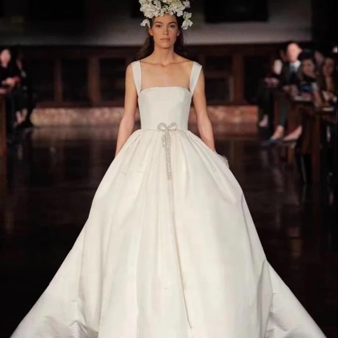 NWD1925 Elegant Straight Collar Imported 395 Satin Pure White Sweetheart Elegant Wedding Dress Thin Strap Prom Dress