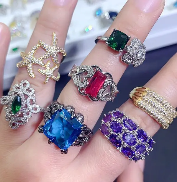 jewelry ring mixed wholesale crystal color zirconium ring heavy industry micro-inlaid S925 silver gemstone explosion ring