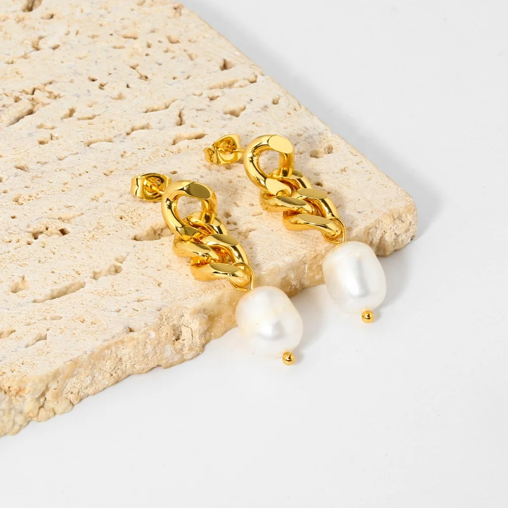 Dina Vintage Waterproof Women 18K Gold Plated Chain Earrings Stainless Steel Dainty Freshwater Pearl Drop Statement Earrings