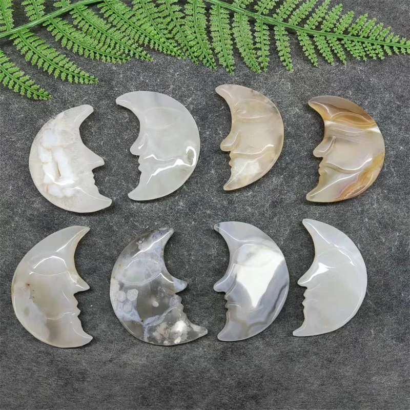 Wholesale Natural Crystal Flower Agate Moon Carving Craft Ornament Cherry Blossom Agate Moon For Decoration