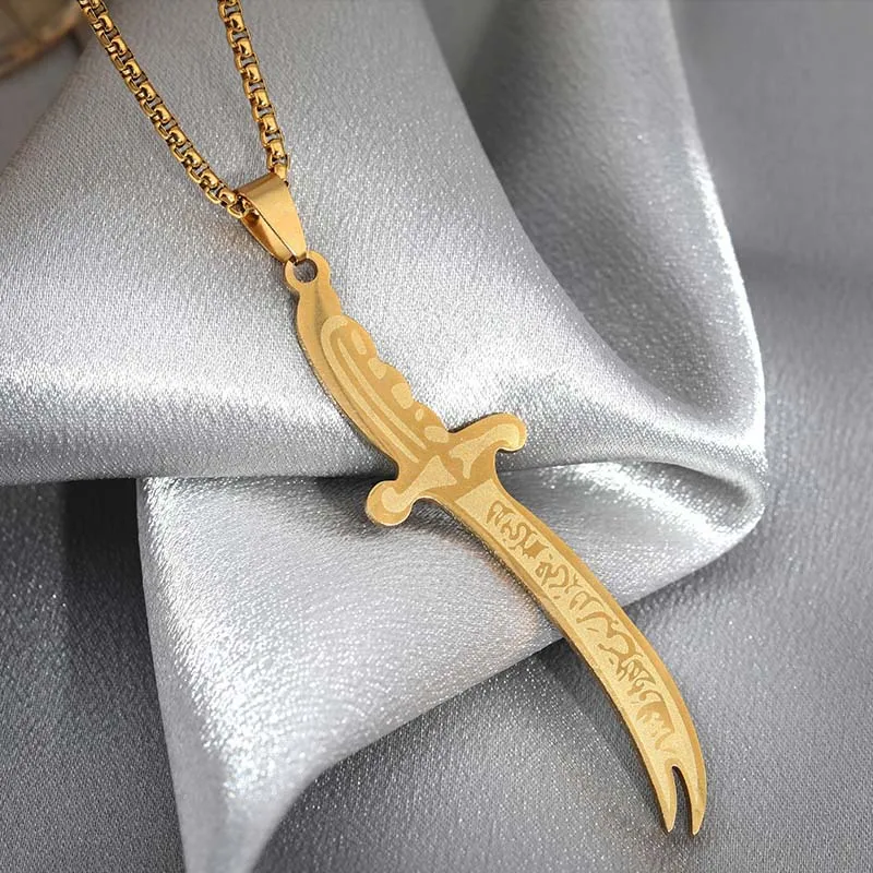 New Big Vintage Allah Pendant Scimitar Titanium Stainless Steel Islamic Jewelry Sword Charm Necklace For Men