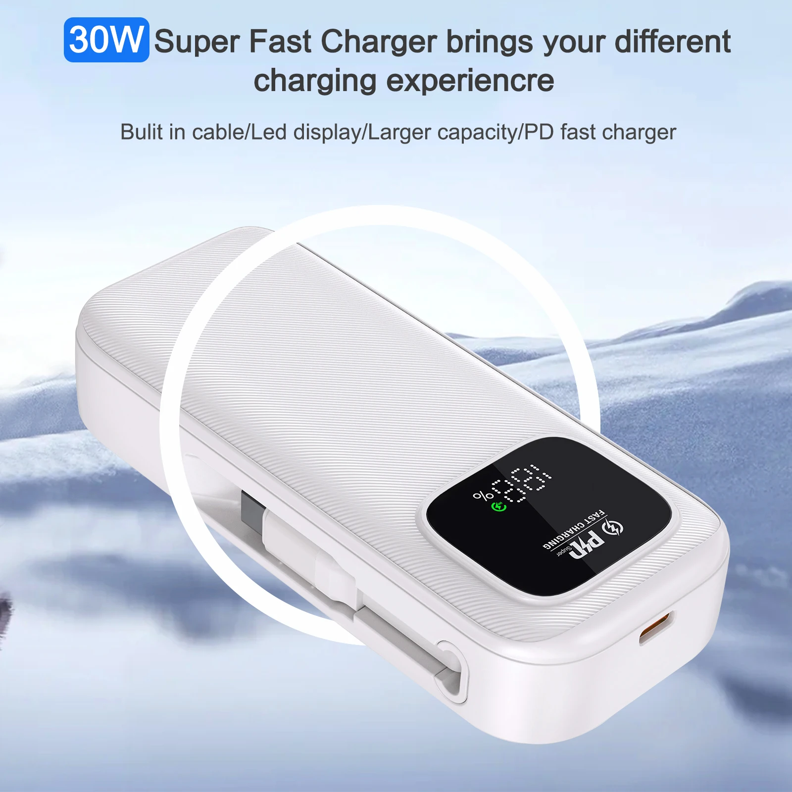Custom Energy Companion Portable Fast Charger 10000mAh 22.5W Type-C LED Display Retractable Built-In Cable Fast Power Bank Gift