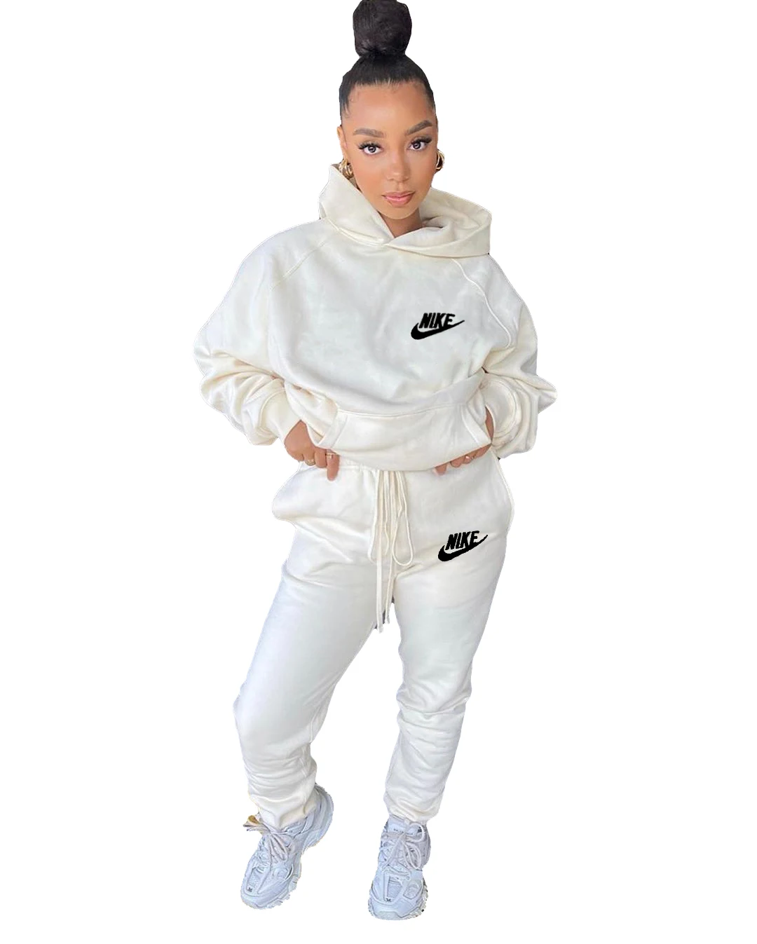 Trending Fall Women Casual Solid Color Nike 2 Piece Set Pullover Sport Jogging Embroidery Sweatsuit Hooded Tracksuit For women