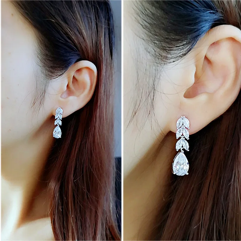  Luxury Leaf Zircon Bridal Earrings For Women Trendy Crystal Bling Drop Wedding Jewelry Party 2021