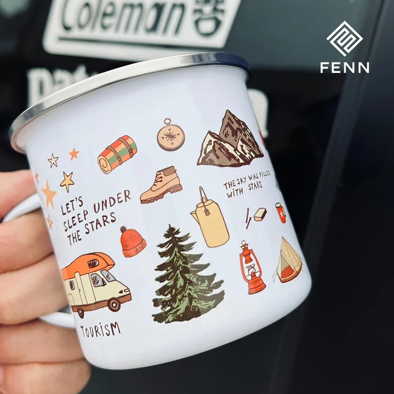 Hot Selling 350ML Bulk Mugs Tin Cup Rim Enamel Coffee Cup Camping Mug with Cute Printing for Outdoor Camping Metal Coffee Cups