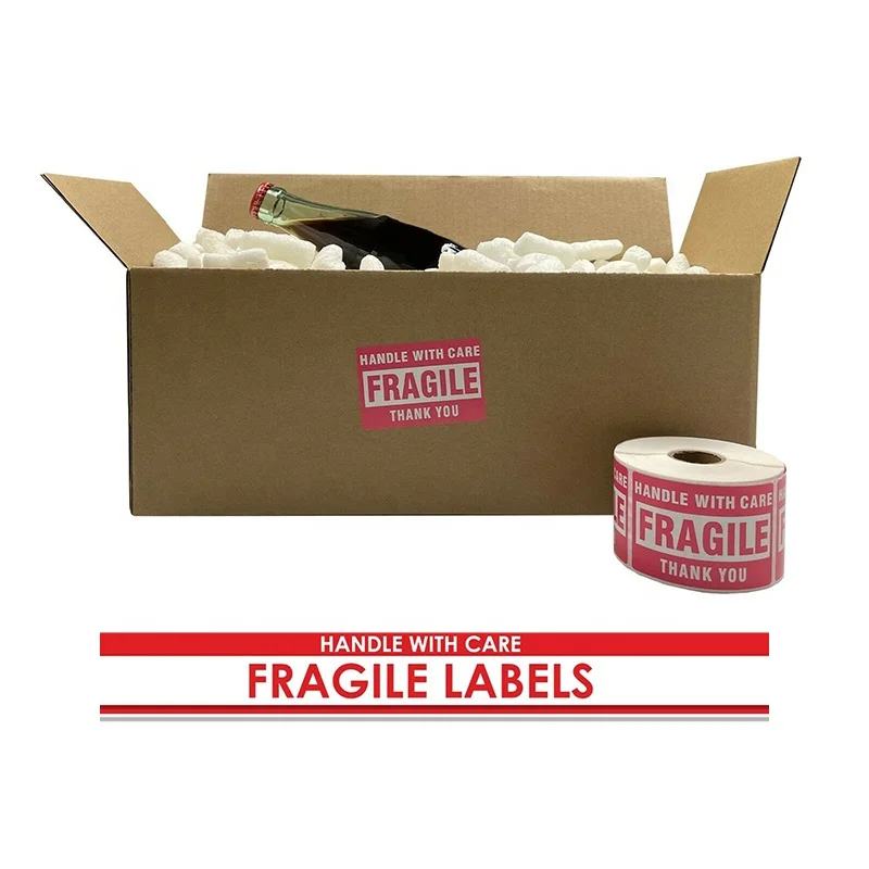 Custom Printed Self Adhesive Red Warning Handle Fragile Packaging Sticker Labels For Shipping Carton