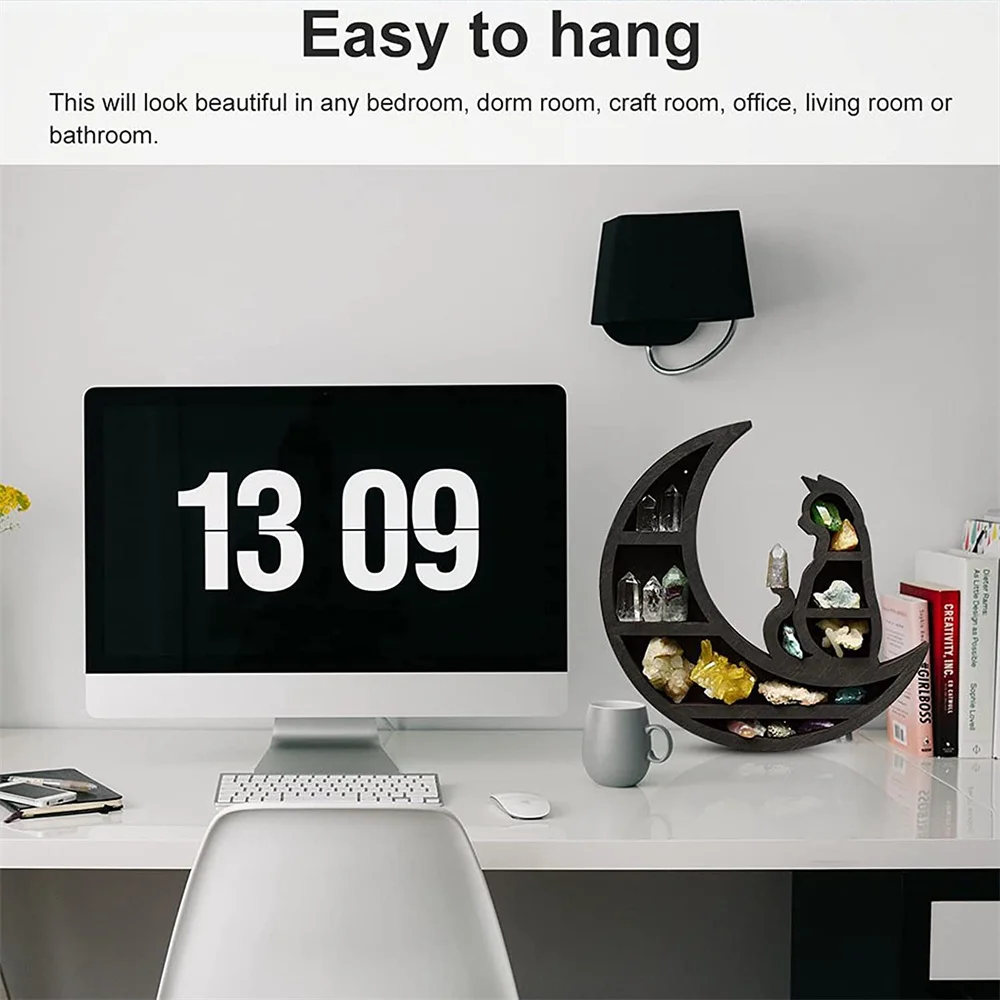 CaoXian HiHome Cat on The Moon Crystal Wood Shelf,  Beautiful and Delicate Engraved Moon Design