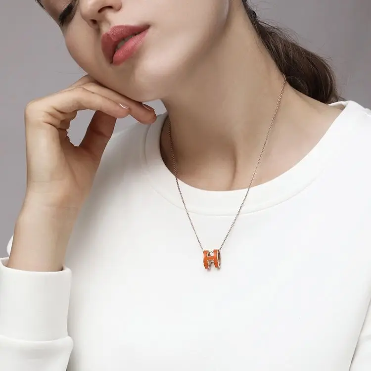 Trendy Stainless Steel Large H Letter Necklace Color Drop Glue Necklace For Women Jewelry Wholesale