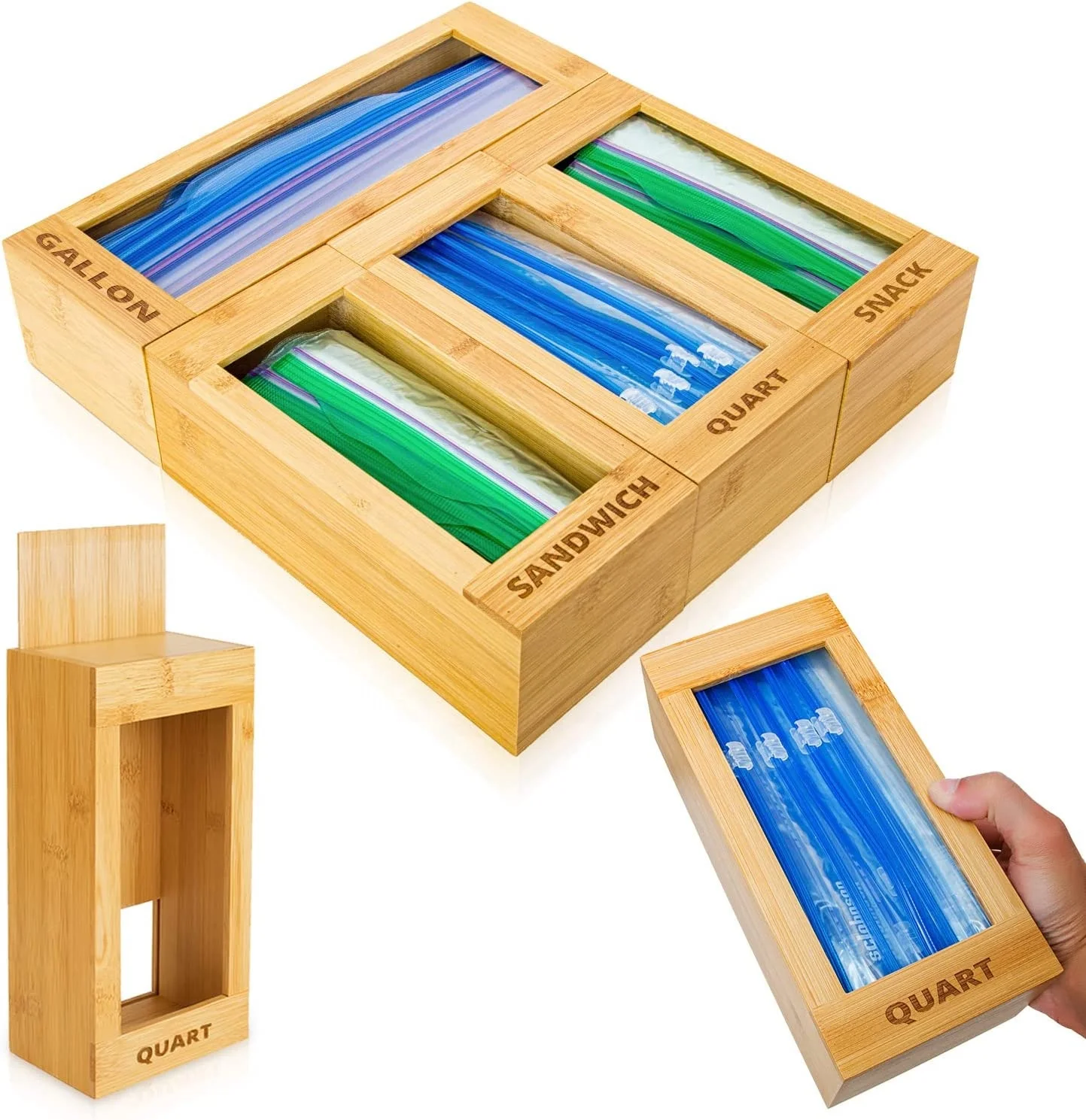 Magnetic Slide Top Bamboo Ziplock Storage Box Kitchen Ziplock Bag Storage Drawer Organizer Bamboo Storage Boxes & Bins