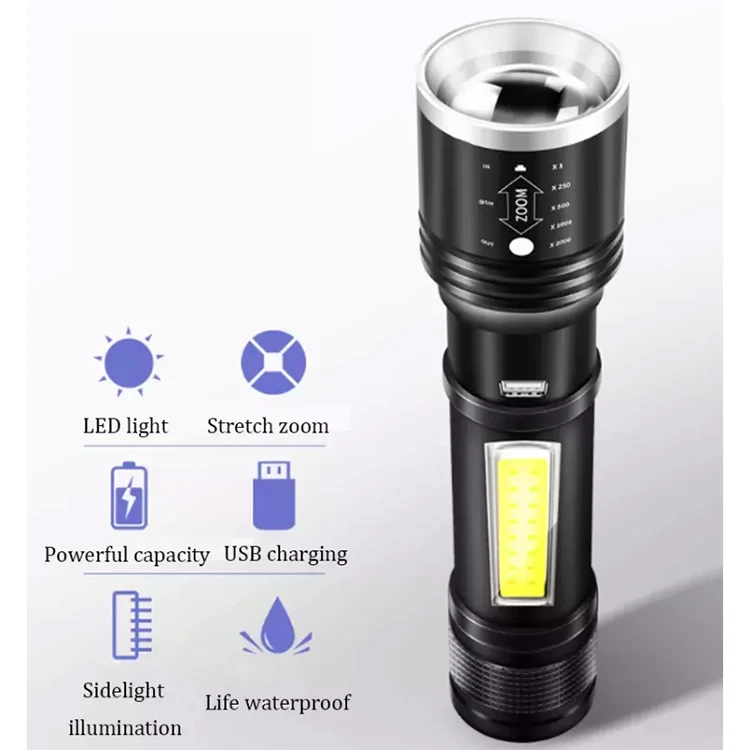 New Design Multipurpose Aluminum lithium Battery  T6 LED Strong Light Torch Light With Telescopic Zoom