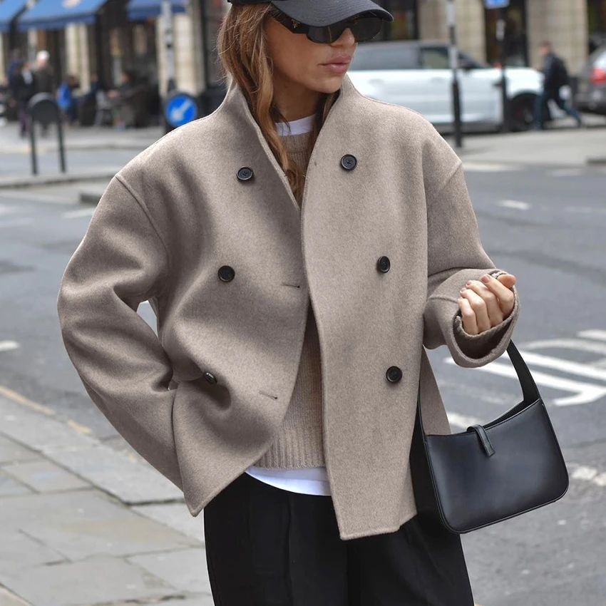 Slim Fit Spring Casual Streetwear Tweed Woolen Top Coat Blazer Jacket De Mujer Women Elegant Ladies Double Breasted Blazer Woman