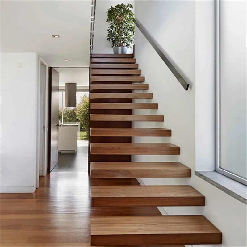 CBMmart American Standard Wood Treads Indoor Stair with Led Lights Glass Railings Floating Stairs