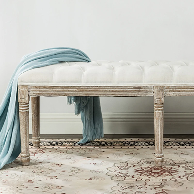 Amazon Hot Sale Vintage Beige Linen Upholstered Solid Wood Bed Shoe Seating Wooden Long Bench Stool Ottoman