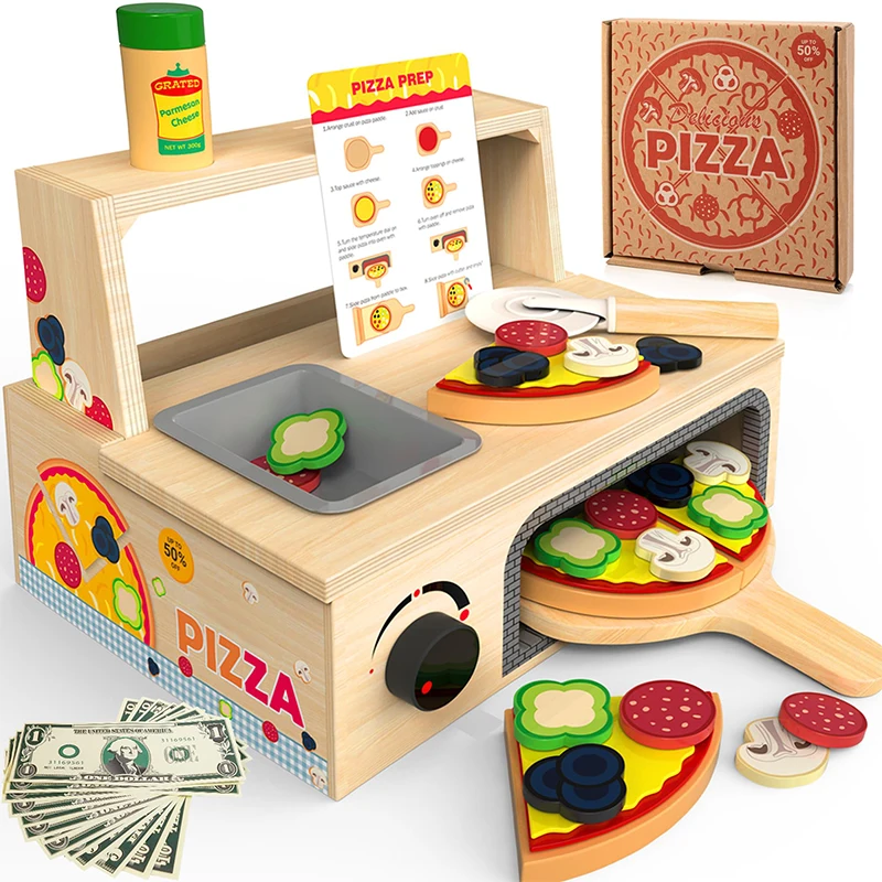 Wooden Pizza Toy,Educational Learning Toy Wooden Play set with Bake Oven