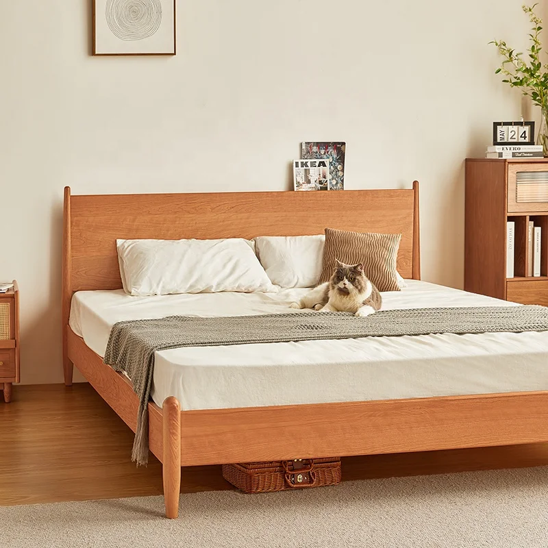 Cherry Solid Wood Simple Queen Bed Japanese Style White Oak Double King Bed with USB Interface