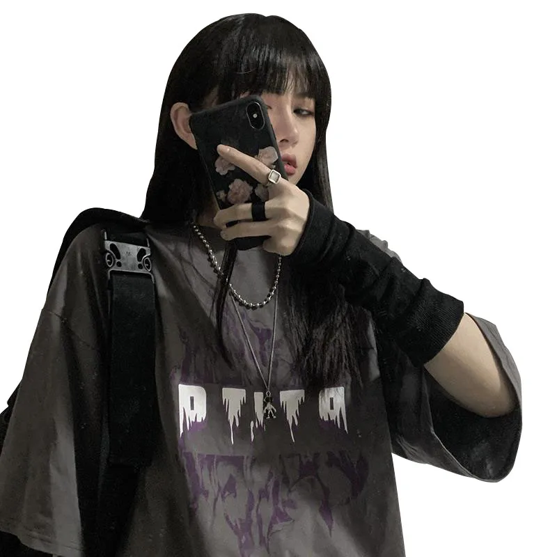 Harajuku  clothing Sexy Female Loose Punk Clothes Dark Grunge Streetwear Ladies Women Short Sleeve T-shirt Summer