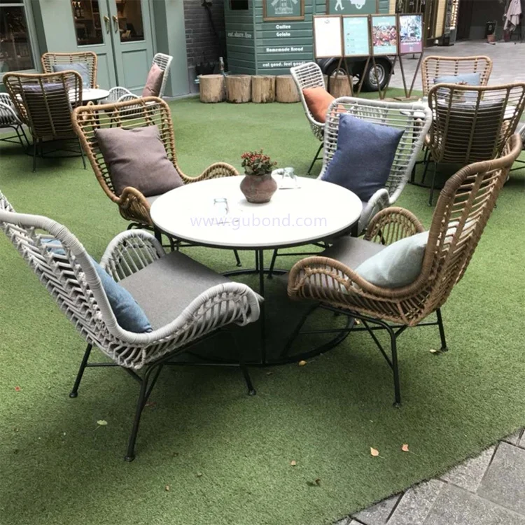 Outdoor Furniture Restaurant Metal Poly Rattan Dining Chairs with Cushions on Sale