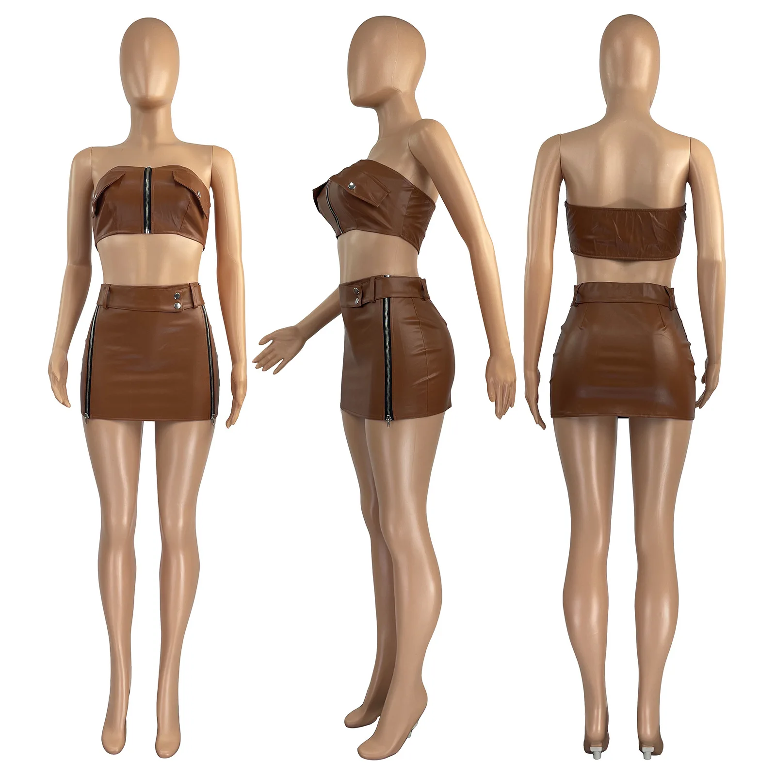 Sexy Dress 2 Two Piece Sets Women Skirt Sleeveless Strapless Crop Zipper Top+Mini Skirts Pu Leather Sets