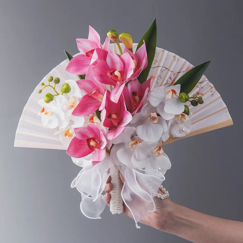Wedding Ancient Style Wedding Welcome Morning Robe Fan New Chinese Bride Photography Props Phalaenopsis Orchid Folding Fan
