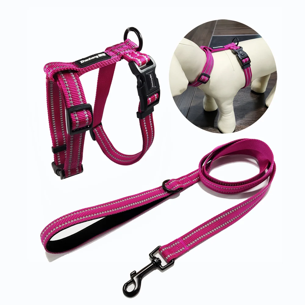 Custom PVC Patch Logo Design Alloy D Ring Secure Buckle Fast Strap Reflective Dog Harness Leash Set
