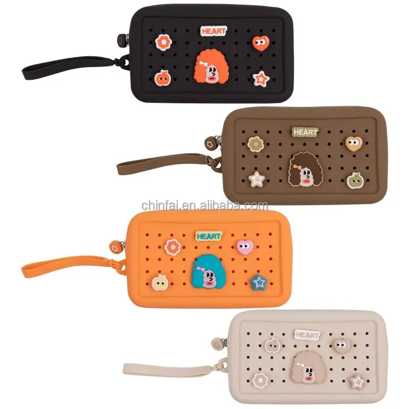 Chinfai Customized Hole Charms Portable Zipper Silicone Mobile Bag with Strap